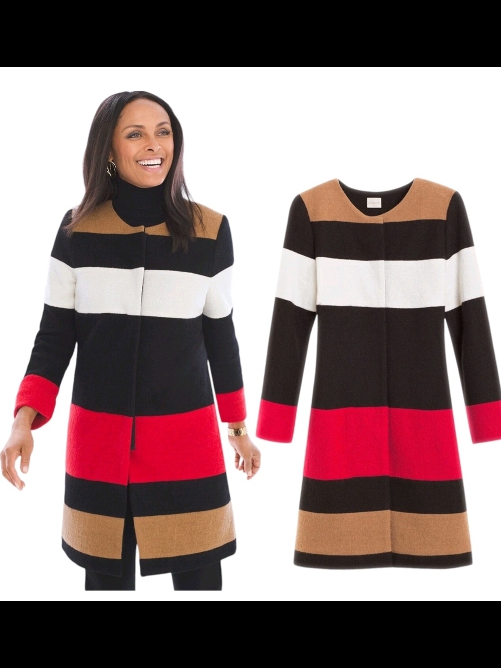 Chico Striped Longline Sweater Coat in Black, Red, White & Tan